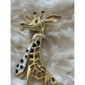 Vintage JJ? Gold-Tone Giraffe Brooch With Blue Enamel Accents and Tie